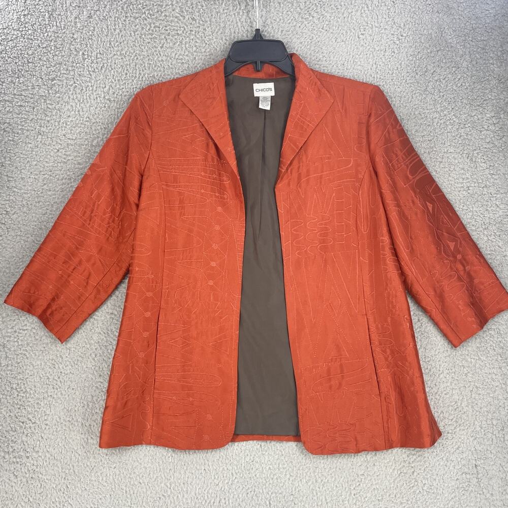 Chicos Jacket Womens Orange Silk Embroidered Sz 1/ Medium / 8 Open Front Boho